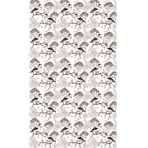 May include: A seamless pattern featuring brown birds perched on branches with white flowers and leaves. The background is white.