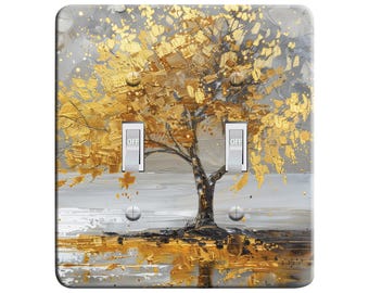 Embossi Printed Maxi Metal Plate – Abstract Gold Tree Switch Plate Cover, Modern Neutral Wall Decor, Luxury Nature Art V0058