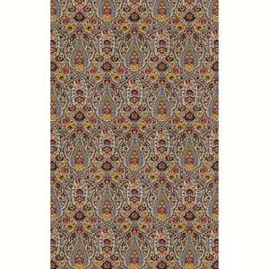May include: A seamless pattern featuring a repeating design of paisley shapes in shades of blue, red, yellow, and brown on a cream background.