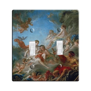 May include: A vintage style light switch cover featuring a painting of a group of figures in a sky with clouds. The figures are dressed in flowing robes and appear to be floating in the air. The painting is in a classical style and has a warm color palette.