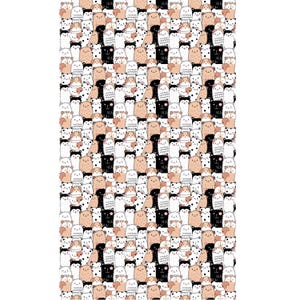 May include: A seamless pattern featuring a variety of cute cartoon animals, including dogs, cats, and hedgehogs. The animals are all different colors and have different expressions on their faces. The background is white.