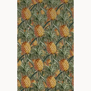 May include: A seamless pattern featuring a repeating design of yellow and orange pineapples with green leaves on a green background.