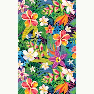 May include: A vibrant tropical floral pattern featuring pink, yellow, and orange flowers with green leaves. The background is a dark blue color.