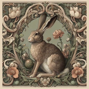 May include: A detailed illustration of a brown rabbit with long ears, set within an ornate, floral-themed frame. The artwork features soft colors, including beige, green, and peach, creating a vintage aesthetic. The rabbit is the focal point, surrounded by stylized flowers and foliage.