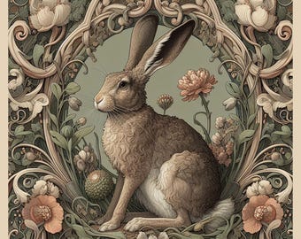 Art Nouveau Hare Ceramic Tile – UV Printed Glazed Tile With Embossed Detail, Botanical Animal Decor, 6” or 4.25” Wall Art T0056