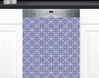Dishwasher Cover Choose Magnet Or Vinyl Decal Sticker, Vintage Timeworn Look Portugal Spain Azulejo Tiles Pattern Design D0130