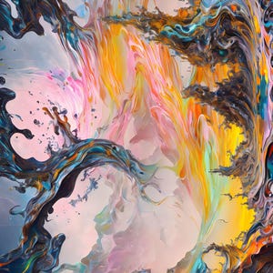 May include: Abstract painting with swirling colors of pink, orange, yellow, blue, and black. The colors blend and mix together to create a dynamic and energetic composition.