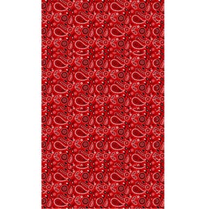 May include: Red bandana with a paisley pattern. The bandana is a classic accessory for cowboys and cowgirls.