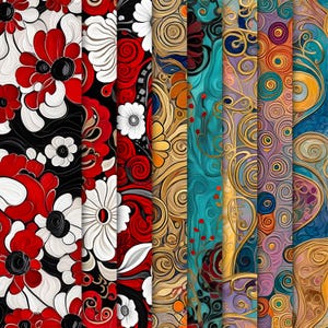 May include: A collection of colorful floral and abstract patterns. The designs feature bold red, white, and black flowers, along with swirling gold, teal, and purple motifs. The patterns are suitable for various creative projects.