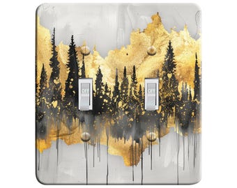 Embossi Printed Maxi Metal Plate Where Gold Burns the Forest, Abstract Pine Tree Artwork - Light Switch / Outlet Cover V0048