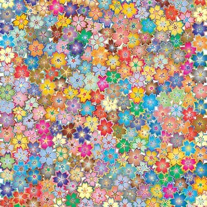May include: A seamless pattern of colorful flowers with a white background. The flowers are in various shades of pink, blue, yellow, green, and red. The flowers have a simple, stylized design.