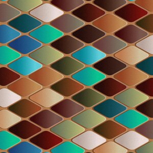 May include: A geometric pattern of brown, beige, green, blue, and turquoise diamond shapes. The diamonds are arranged in a diagonal pattern, creating a sense of movement and depth.