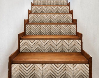Weathered Wood Stair Riser Chevron Pattern, tile stickers 7 inch X 36 inch strips #0177- Choose the number of strips needed from the menu.