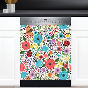 Dishwasher Cover Choose Magnet Or Vinyl Decal Sticker, Scandinavian Floral Folk Art Design D0623- choose your type from the menu.
