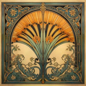 May include: An Art Nouveau-style illustration featuring a symmetrical design with a central fan-shaped element in shades of yellow and orange. The design is framed by a teal and blue border with floral and scroll motifs, set against a cream background.