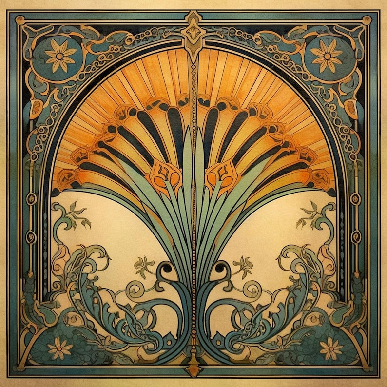 May include: An Art Nouveau-style illustration featuring a symmetrical design with a central fan-shaped element in shades of yellow and orange. The design is framed by a teal and blue border with floral and scroll motifs, set against a cream background.