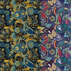 May include: A seamless pattern with a paisley design in shades of blue, yellow, green, red, and black. The pattern is intricate and detailed, with a variety of floral and geometric motifs.