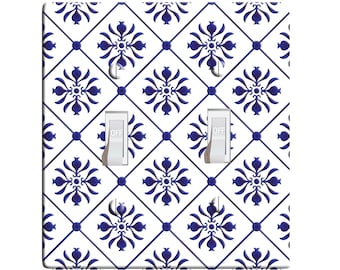 Embossi printed maxi metal blue and white majolica tile pattern  switch plate - light switch / outlet cover custom plate choose style, a0007