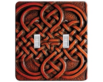 Embossi Printed Maxi Metal Plate Tooled Leather Knotwork Design, Irish Interlaced Weave, Rustic Celtic   Light Switch / Outlet Cover,  V0045