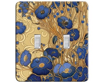 Embossi Printed Maxi Metal Plate Indigo & Gold Floral Klimt Inspired Art Nouveau Decor Elegant Home Accent Light Switch  Outlet Cover, V0055