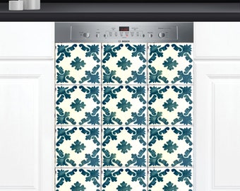 Dishwasher Cover Choose Magnet Or Vinyl Decal Sticker, Vintage Timeworn Look Portugal Spain Azulejo Tiles Pattern Design D0131