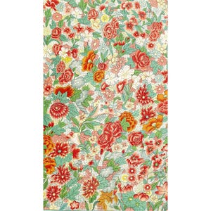 May include: A vintage floral pattern with red, orange, and white flowers on a light green background. The pattern is dense and intricate, with many different types of flowers and leaves.