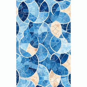 May include: Abstract pattern of blue and beige mosaic tiles in a repeating pattern of overlapping circles.