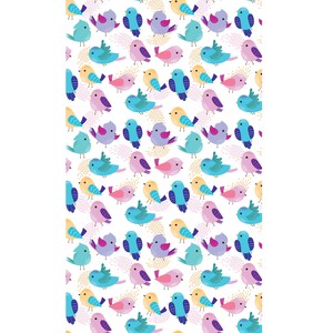 May include: A seamless pattern featuring colorful cartoon birds with various shades of blue, pink, yellow, and purple. The birds are arranged in a repeating pattern on a white background.