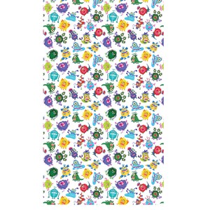 May include: A seamless pattern featuring a variety of colorful cartoon monsters with different expressions and features. The monsters are on a white background.