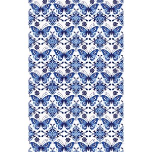 May include: A seamless pattern featuring blue and white butterflies on a white background. The butterflies are stylized and have intricate details. The pattern is perfect for fabric, wallpaper, or other decorative applications.