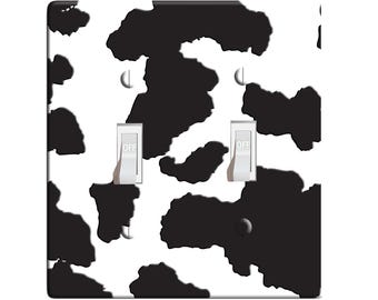 Embossi printed maxi metal black & white cow switch plate cover - light switch / outlet cover custom plate choose style from menu, d0104