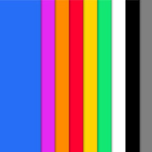 May include: A vertical arrangement of nine colored stripes. The colors are blue, purple, orange, red, yellow, green, white, black, and gray.