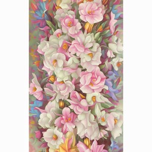 May include: A painting of a bouquet of pink and white flowers with green leaves. The flowers are arranged in a vertical pattern and are in focus. The background is a soft, blurred green.
