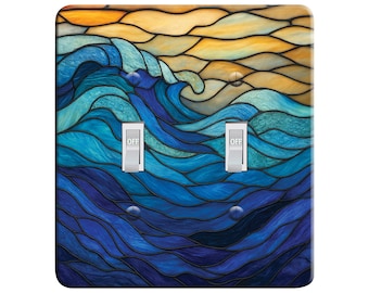 Embossi Printed Maxi Metal Plate - Ocean Waves Stained Glass Art – Vibrant Blue and Sunset Wall Deco Light Switch / Outlet Cover,  V0039