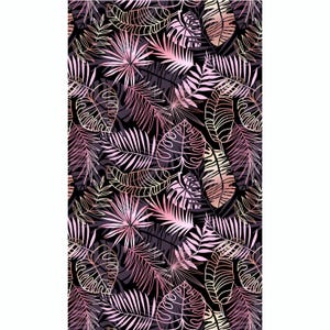 May include: A seamless pattern featuring pink and gold tropical leaves on a black background. The leaves are outlined in black and have a gradient of pink and gold.