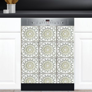 May include: A stainless steel dishwasher with a decorative tile panel featuring a gray, yellow, and white geometric pattern. The tiles are arranged in a grid, creating a cohesive design. The dishwasher is integrated into white cabinetry.