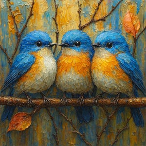 May include: An oil painting depicts three bluebirds perched on a brown branch. The birds have blue wings and heads, orange chests, and white bellies. The background is a blend of blue and yellow hues, with a few brown branches and orange leaves.