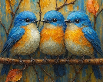 Row of Bluebirds  Decorative Ceramic Tile  UV Printed Glazed Tile with Embossed Texture  Elegant Display or Wall Accent (4.25" or 6") T0022