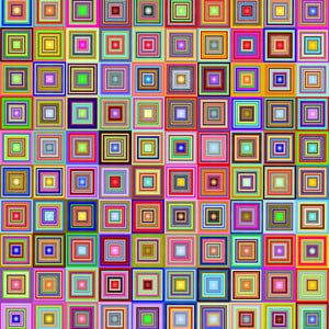 May include: A colorful abstract pattern of squares within squares. Each square has a different color and is outlined with a different color. The pattern is repeated throughout the image.