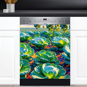 May include: A dishwasher with a colorful image of a field of green cabbage. The image is a vibrant mix of green, blue, yellow, and orange.