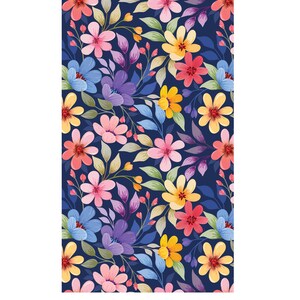 May include: A seamless pattern featuring a variety of colorful flowers on a dark blue background. The flowers are pink, yellow, red, blue, and purple.