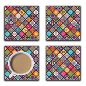May include: Set of four colorful square coasters with a geometric pattern of colorful mandalas. The coasters are made of a durable material and are perfect for protecting your furniture from scratches and spills.