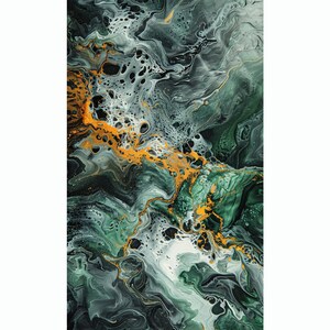 May include: Abstract painting with swirling green, white, and gold paint. The paint creates a marbled effect with a variety of shapes and textures.