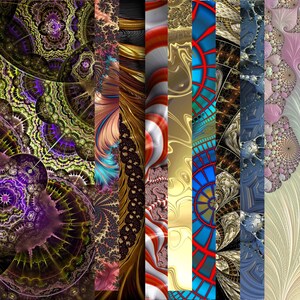 May include: A collage of nine abstract digital art images. The images are all different colors and patterns, and they are arranged in a grid. The images are all very detailed and intricate.