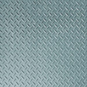 May include: A close-up of a gray metal surface with a diamond pattern. The surface is textured and has a slightly worn look.
