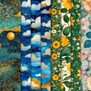 May include: A collection of digital art patterns featuring various designs. The patterns include a teal and gold abstract landscape, blue skies with clouds and stars, and floral designs with sunflowers and daisies. The color palette includes blues, golds, greens, and yellows.