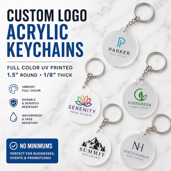 Custom Logo Acrylic Keychains | Full Color UV Printed Business Keychains | Promotional Giveaways | Realtor Branding | No Minimums
