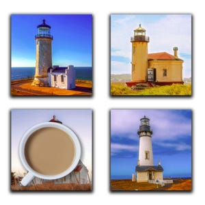 May include: Four images of lighthouses on a white background. The first image shows a white lighthouse with a black roof and a blue sky. The second image shows a white lighthouse with a red roof and a blue sky. The third image shows a white lighthouse with a black roof and a blue sky. The fourth image shows a white lighthouse with a black roof and a blue sky. The third image also shows a cup of coffee.