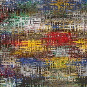 May include: Abstract art piece with a grid-like pattern. The artwork features a blend of colors including red, yellow, blue, green, and brown. The design is composed of intersecting lines, creating a textured effect.