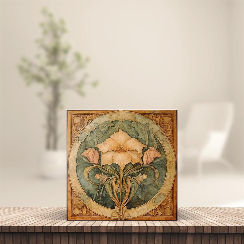 May include: A square wooden art piece featuring a floral design. The artwork showcases a large, peach-colored flower at the center, surrounded by green leaves and two smaller pink buds. The design is set within a circular frame and a decorative border.